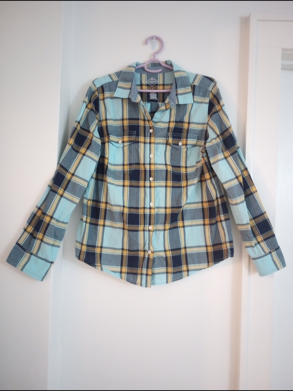 St. John's Bay 100% Cotton Plaid Button-Down Long Sleeve Shirt Blue Yellow Large